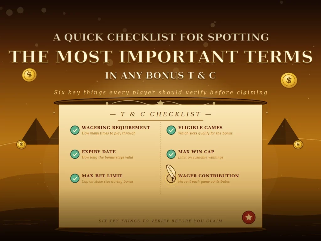 Here's a quick checklist for spotting the most important terms in any bonus T&C